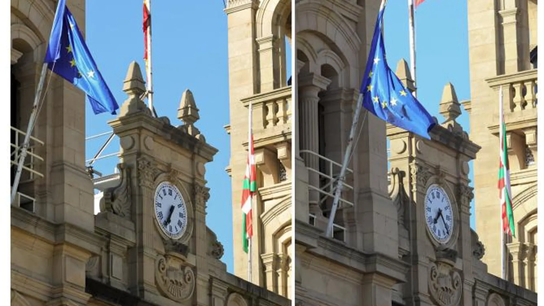 La bandera española en la fachada del Ayuntamiento de San Sebastián fue de nuevo objeto de controversia, al no ondear como el resto de las enseñas.