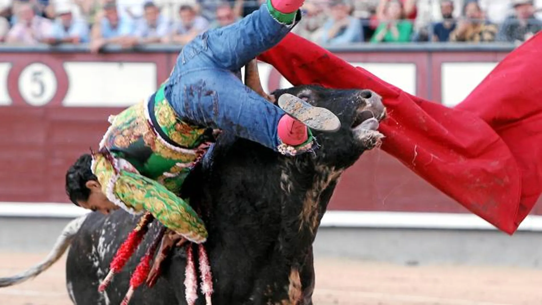 Iván Fandiño, en la brutal voltereta que sufrió al entrar a matar al quinto toro ayer en Las Ventas