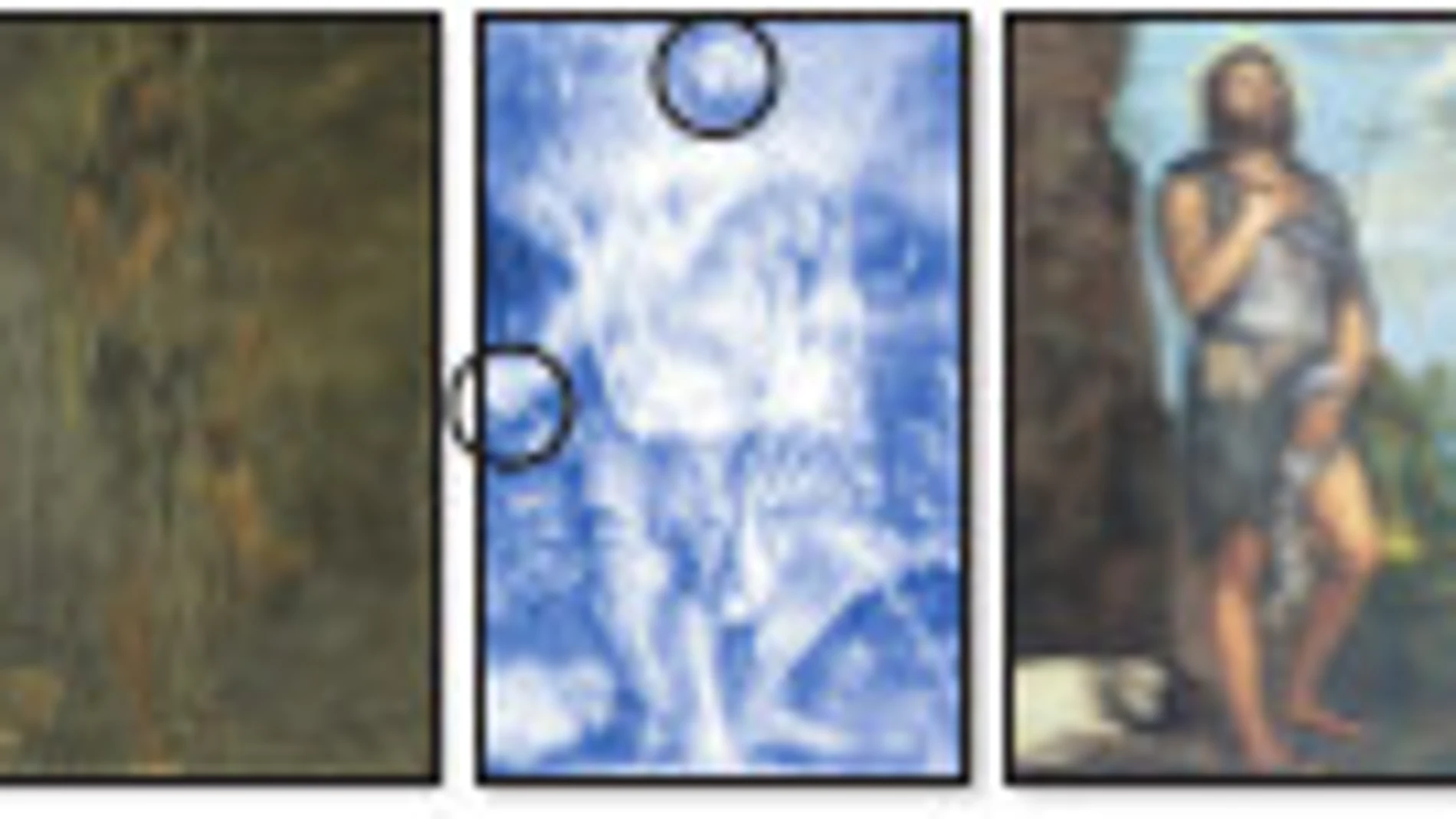 De izda. a dcha., el «Juan Bautista» de 1555 antes de la restauración, una radiografía de la obra de Tiziano donde se aprecian los arrepentimientos del artista (trazos descartados, como brazos o rostros según muestran los círculos) y el lienzo, tal como f