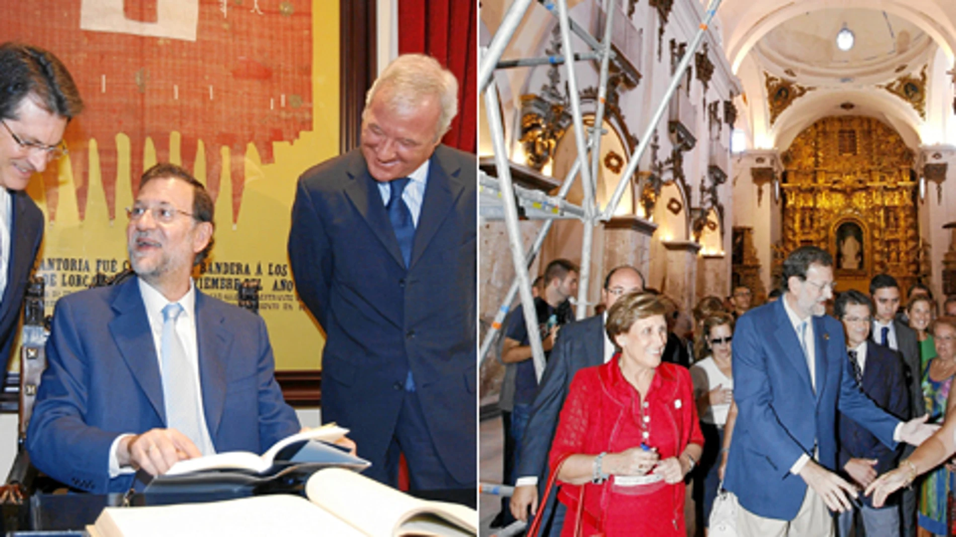 Mariano Rajoy firma en el Libro de Oro de la Ciudad, ante la mirada del alcalde (izquierda) y del presidente de la Comunidad. El líder del PP saluda a los lorquinos en la iglesia de San Francisco