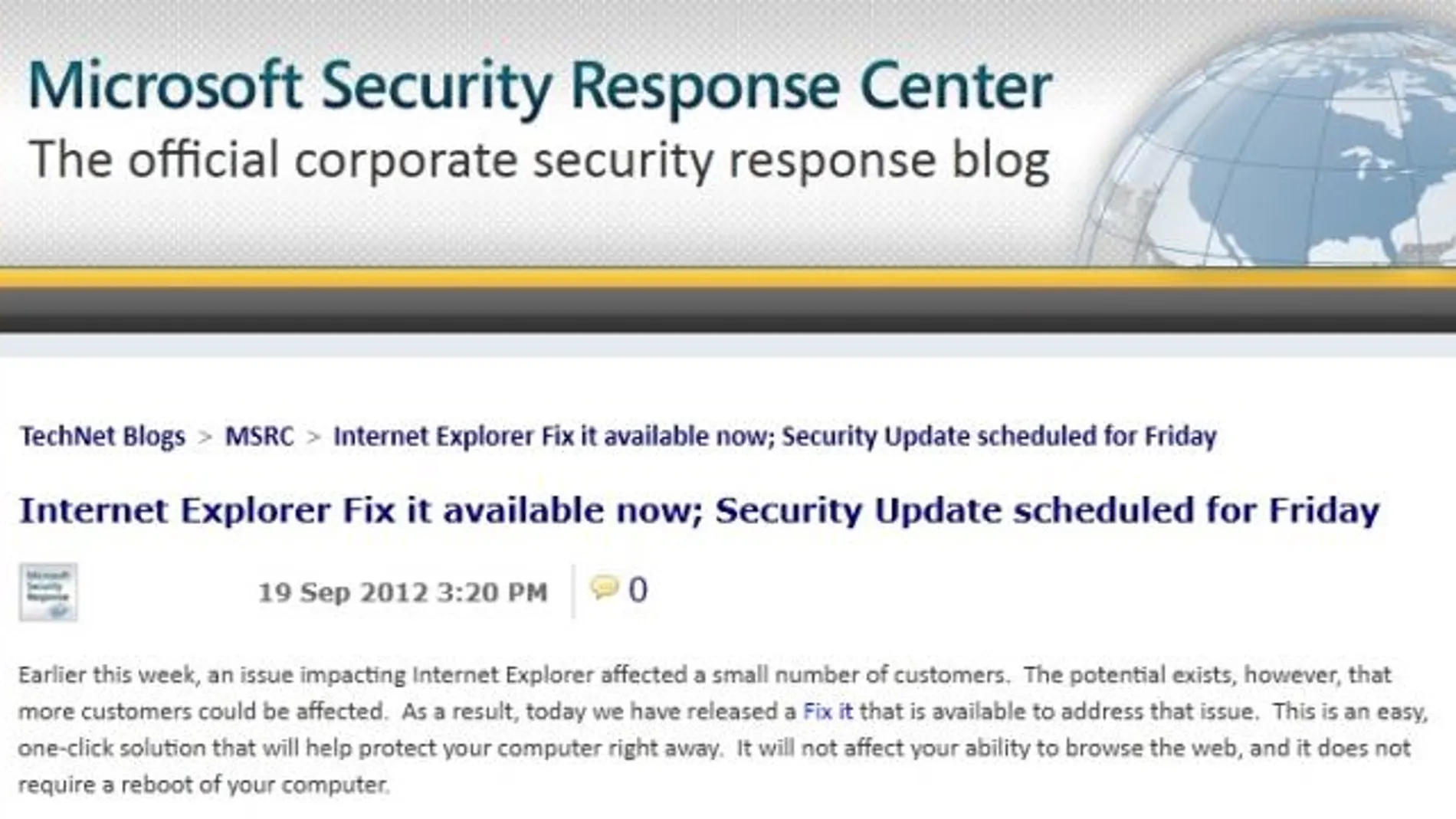 Captura de la página de Microsoft donde avisa del problema