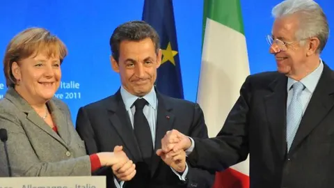 Merkel, Sarkozy y Monti tras la reunión mantenida en Estrasburgo