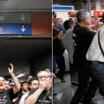 Un grupo de manifestantes lanza consignas en la estación de Atocha de Madrid. Los piquetes «informativos» trataron de romper el cordón policial y hubo tres detenidos