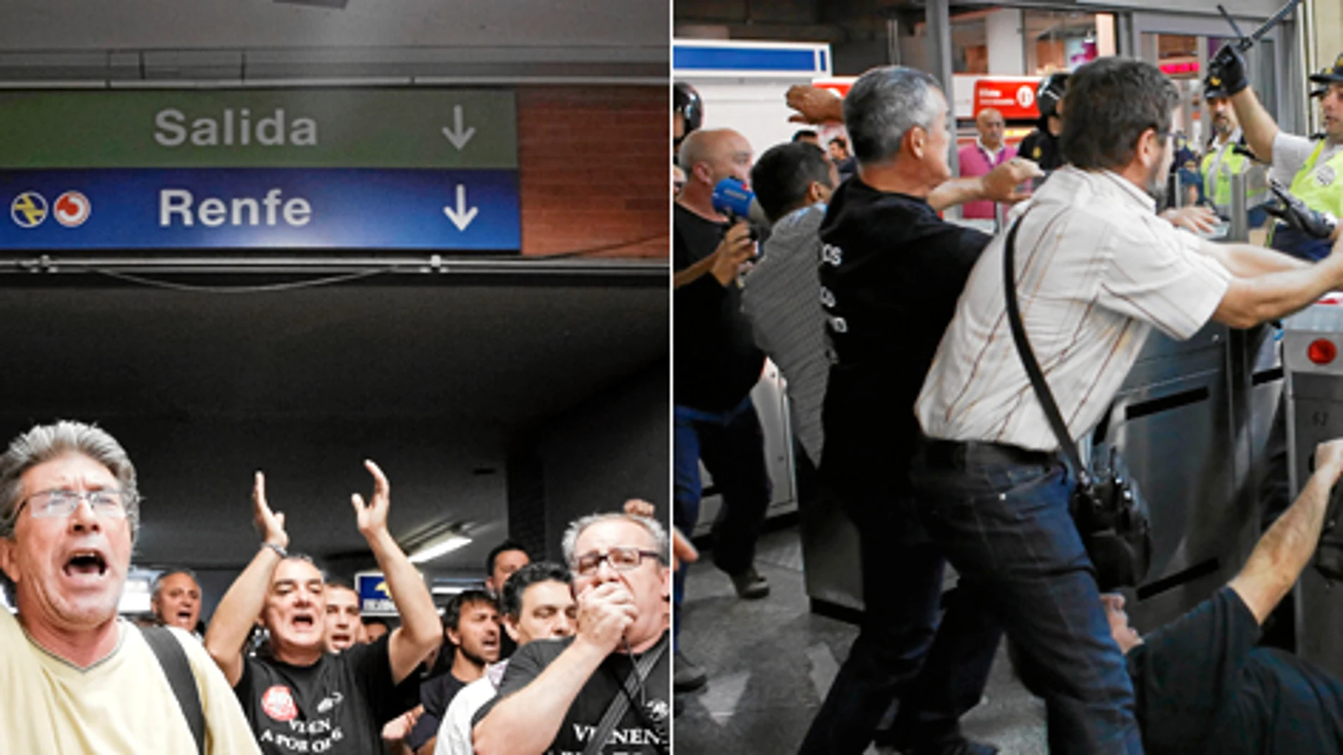 Un grupo de manifestantes lanza consignas en la estación de Atocha de Madrid. Los piquetes «informativos» trataron de romper el cordón policial y hubo tres detenidos