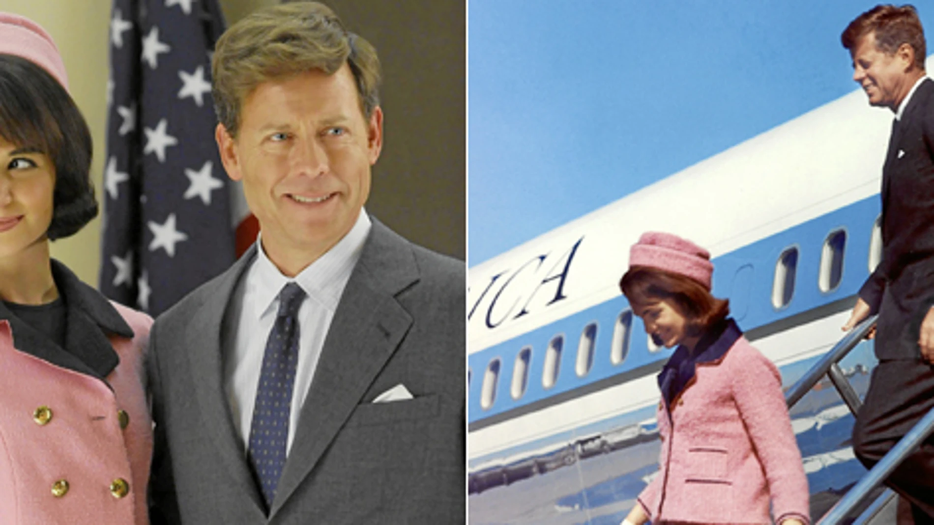 Izquierda, Katie Holmes y Greg Kinnear en la serie «Los Kennedy». A la dcha., Jackie y JFK, el fatídico día del asesinato en Dallas
