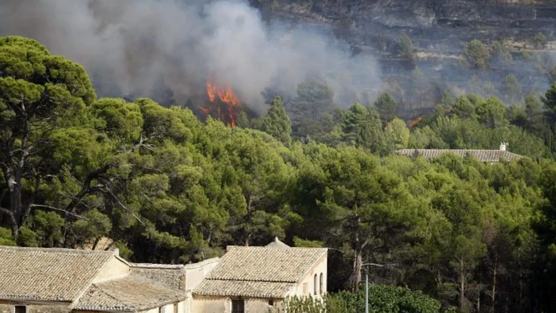 Llamas cerca de unas casas en el incendio declarado hoy en la partida de Rabosina, en el término municipal de La Torre de les Maçanes (Alicante)