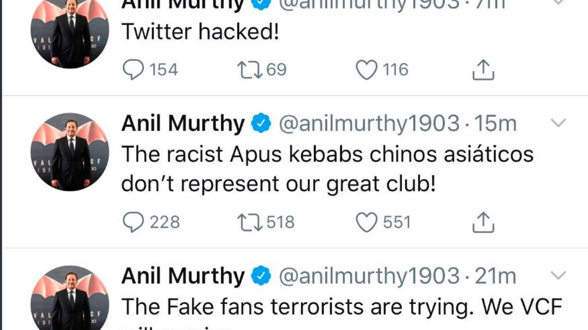 Los “extraños” mensajes en Twitter del presidente del Valencia Anil Murthy