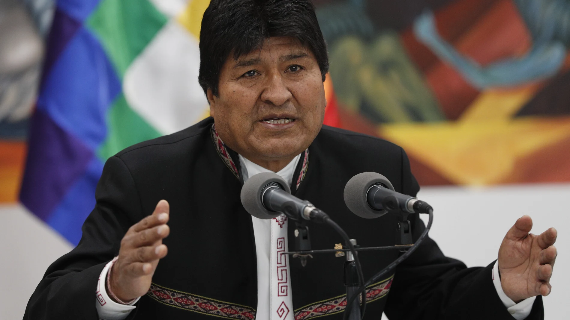 Bolivia's President Evo Morales speaks during a press conference at the presidential palace in La Paz, Bolivia, Wednesday, Oct. 23, 2019. International election monitors expressed concern over Bolivia's presidential election process Tuesday after an oddly delayed official quick count showed President Morales near an outright first-round victory â€” even as a more formal tally tended to show him heading for a risky runoff. (AP Photo/Juan Karita)