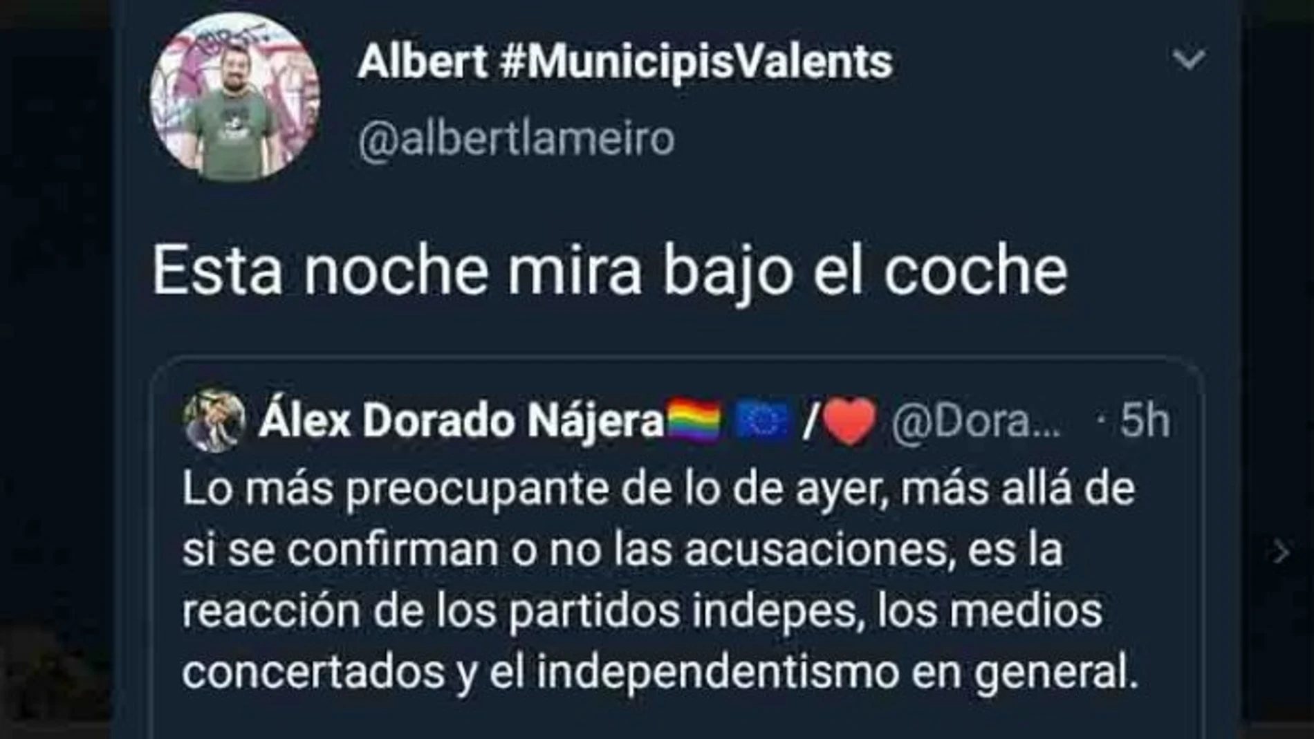 Tuit de la amenaza proferida por Albert Lameiro contra Álex Dorado Nájera / Twitter