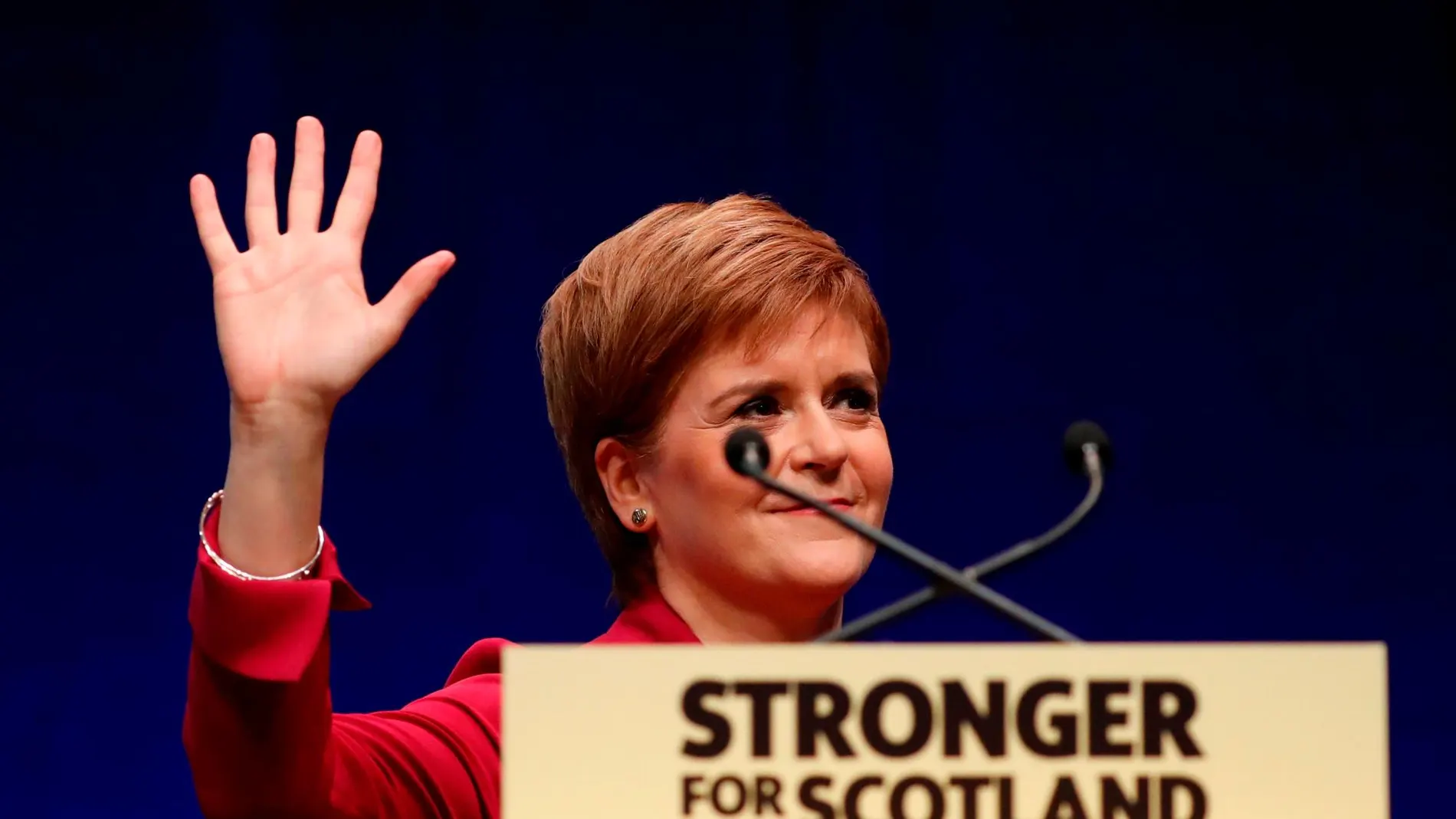 Nicola Sturgeon, primera ministra escocesa, en su intervención esta tarde en la conferencia de otoño de su partido, el SNP, en Aberdeen/Reuters