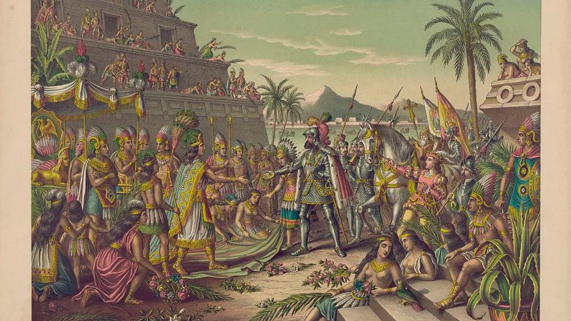 Encuentro de Hernán Cortés y Moctezuma II en un grabado.