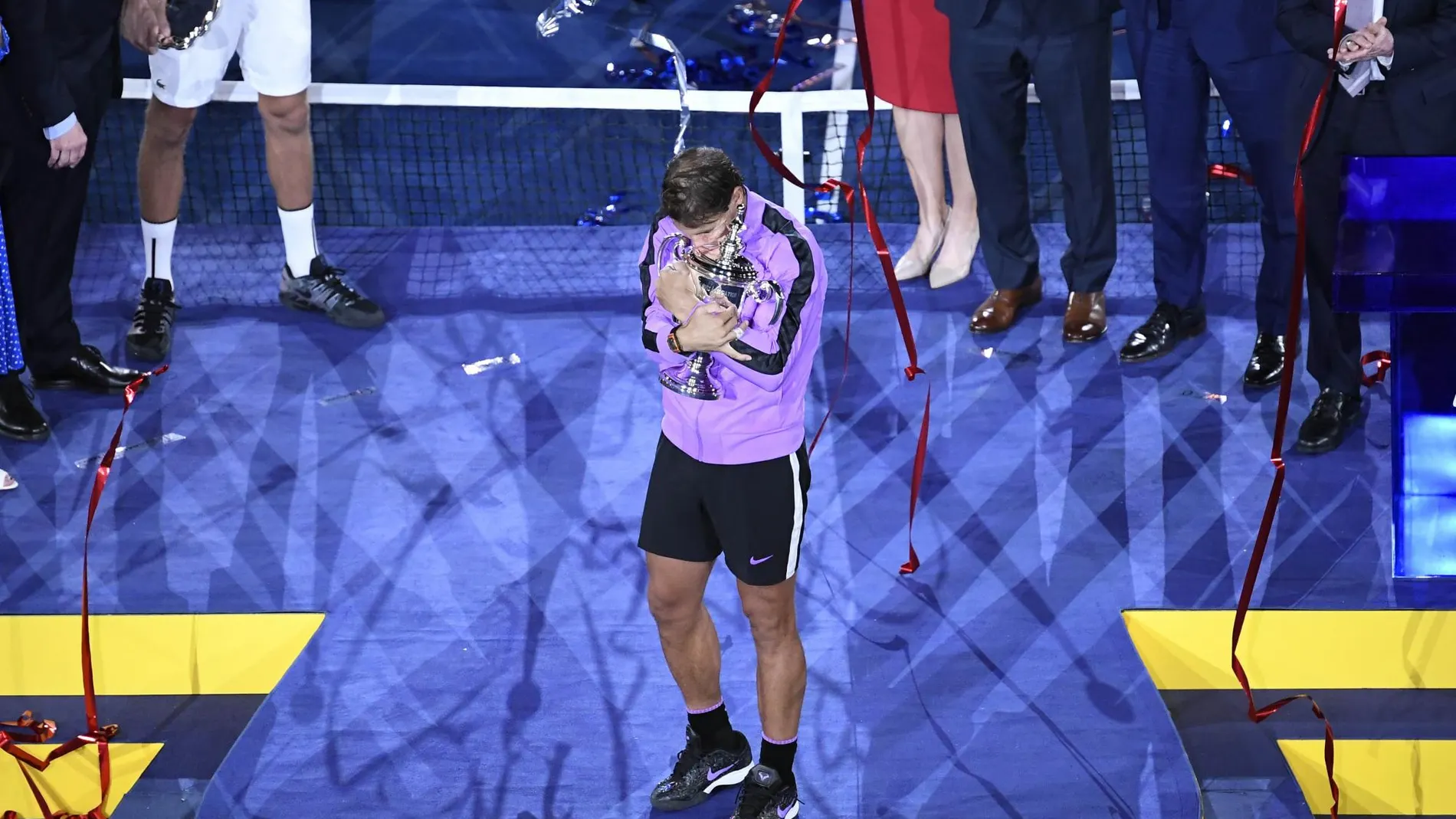 [Sep 8, 2019; Flushing, NY, USA; Rafael Nadal of Spain poses with the championship trophy after]