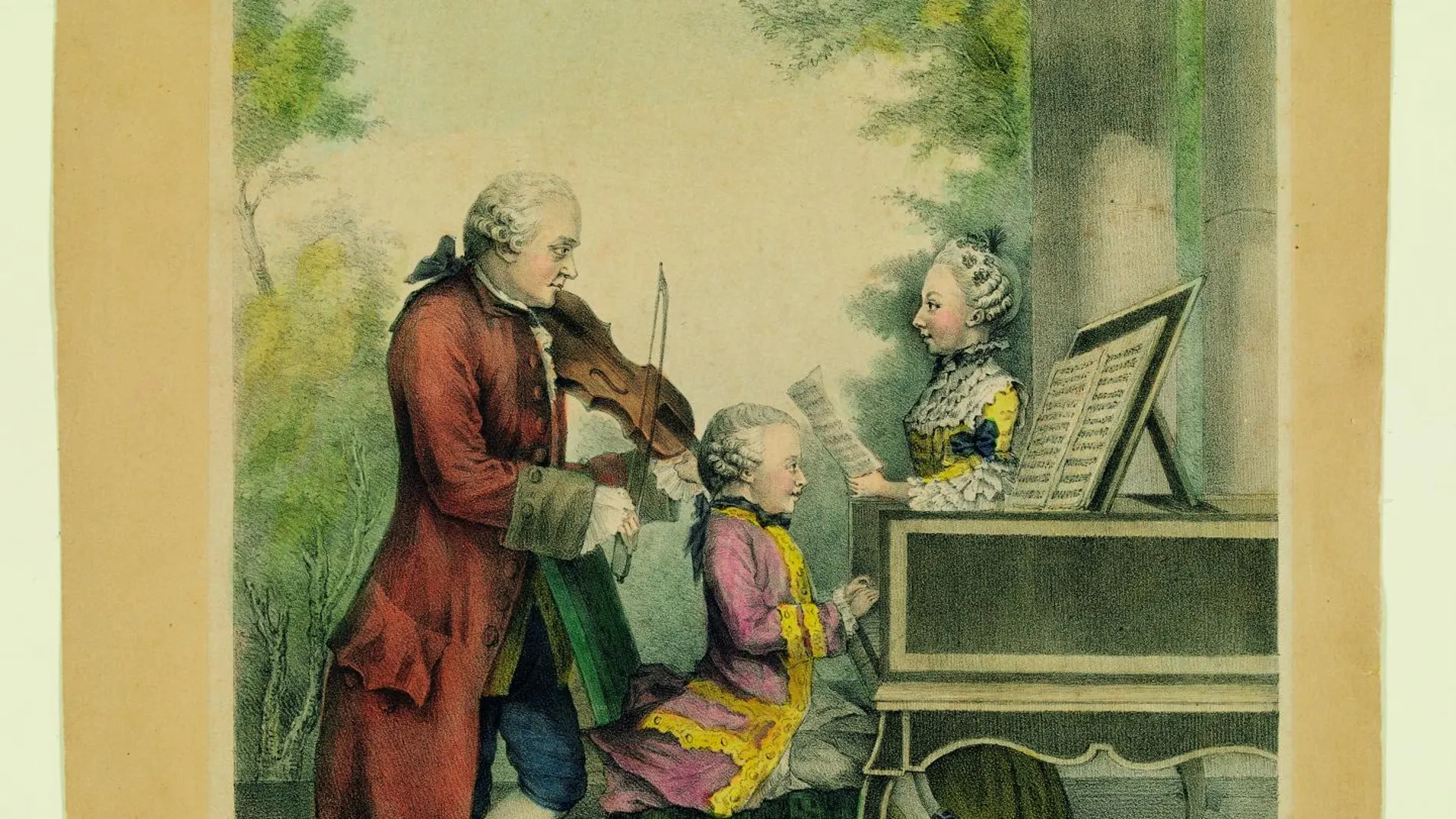Gráfica de Louis de Carmontelle con Leopold Mozart enseñando a su hijo al piano