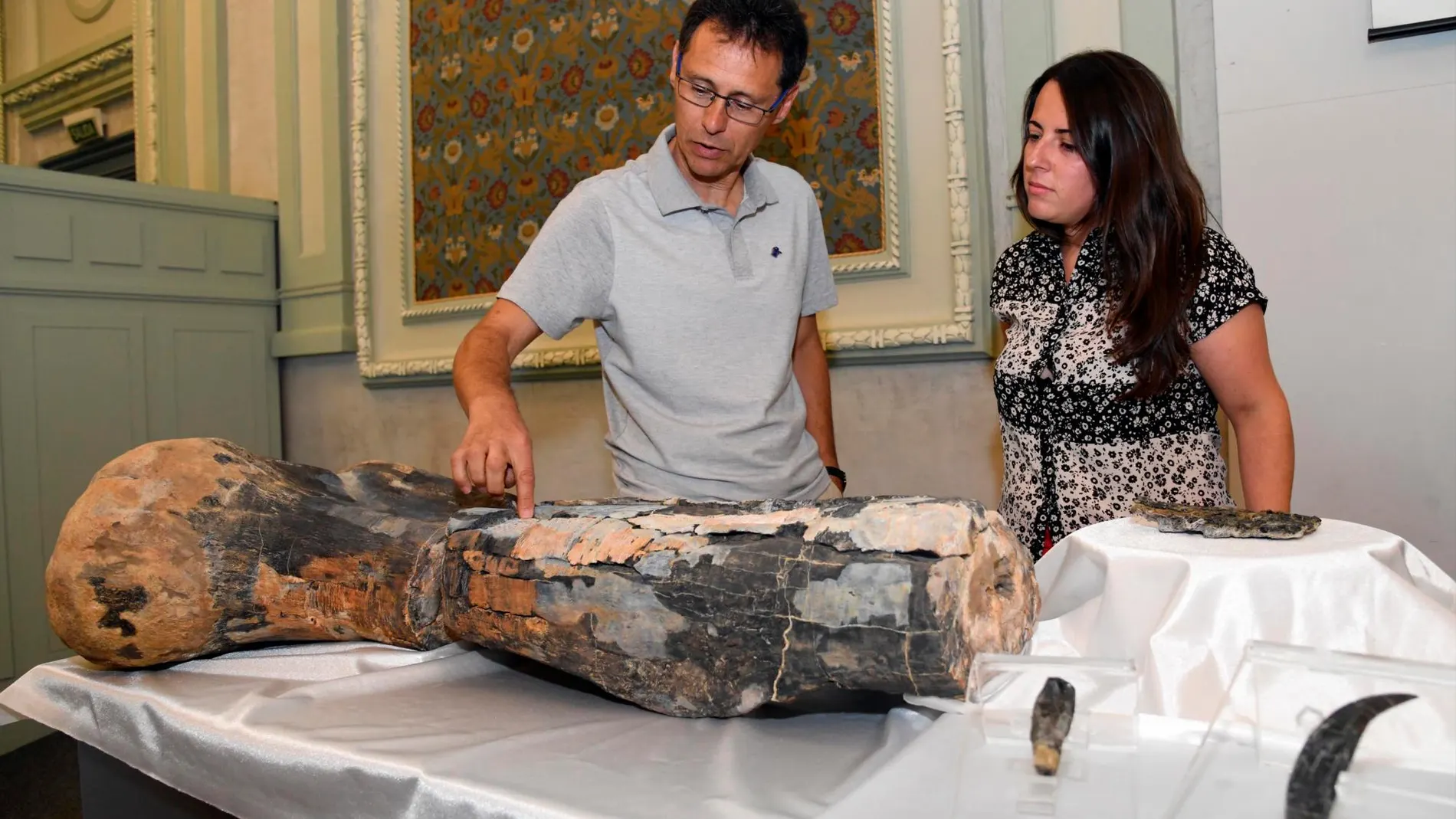 El director del yacimiento de Torrelara, Fidel Torcida, y la restauradora del Museo de los Dinosaurios de Salas de los Infantes, Caterine Arias, explican los hallazgos