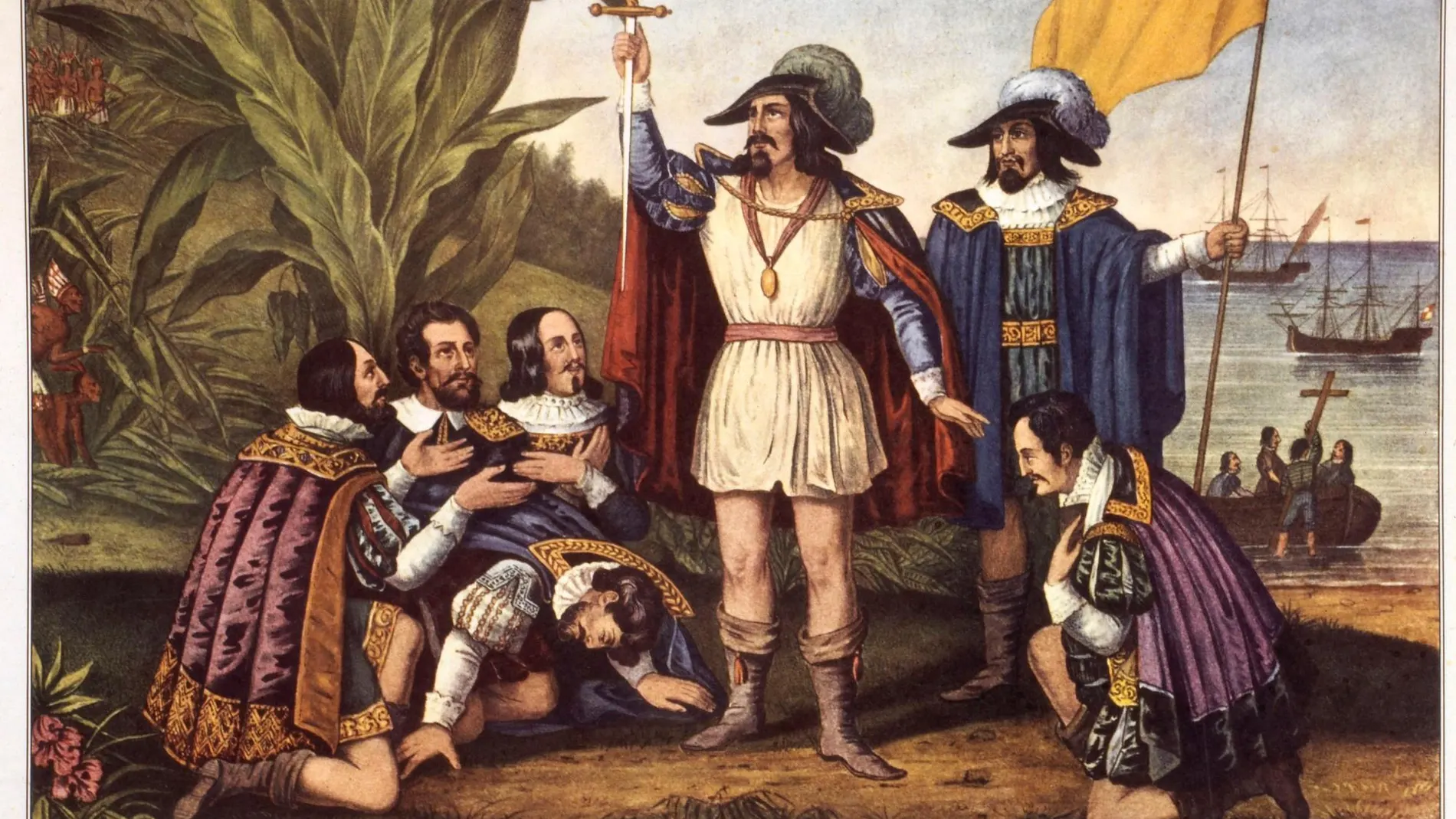 Litografía que muestra la llegada de Cristóbal Colón a América.