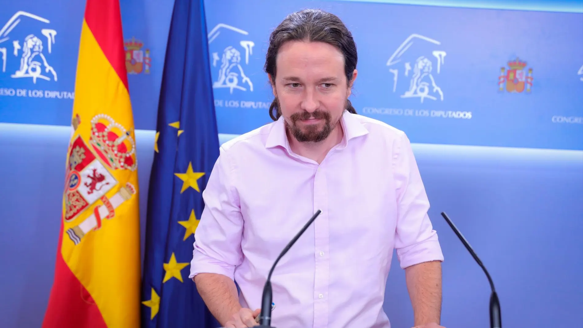 El secretario general de Podemos, Pablo Iglesias, el pasado martes en rueda de prensa desde el Congreso tras su encuentro con el Rey en Zarzuela