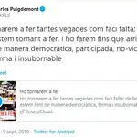 Puigdemont, amenaza vía Twitter: 