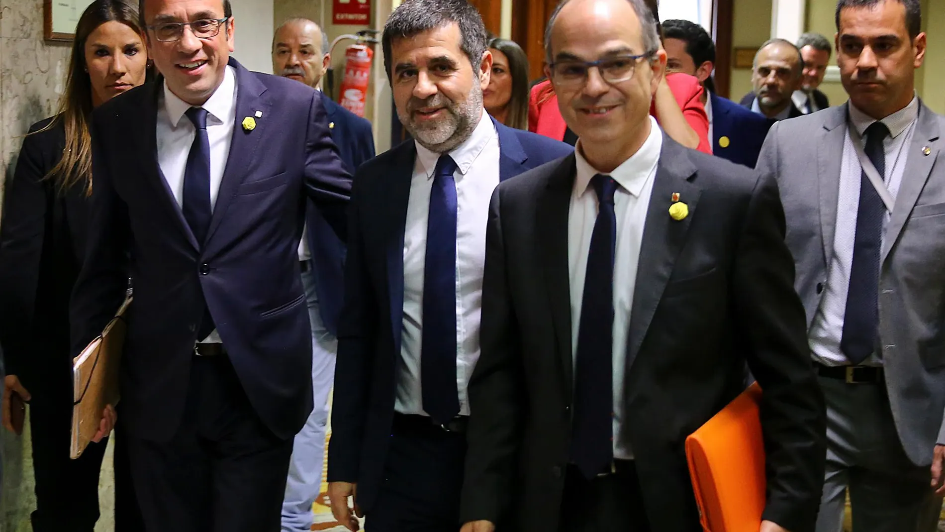 Jordi Turull, Josep Rull y Jordi Sànchez en el Congreso de los Diputados el pasado 20 de mayo/C. Pastrano