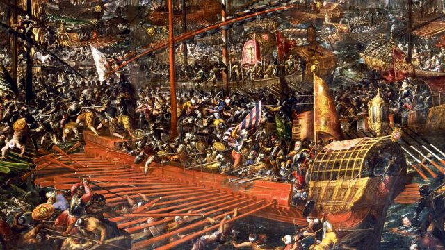 Pintura de Andrea Vicentino que representa la Batalla de Lepanto del 7 de octubre de 1571