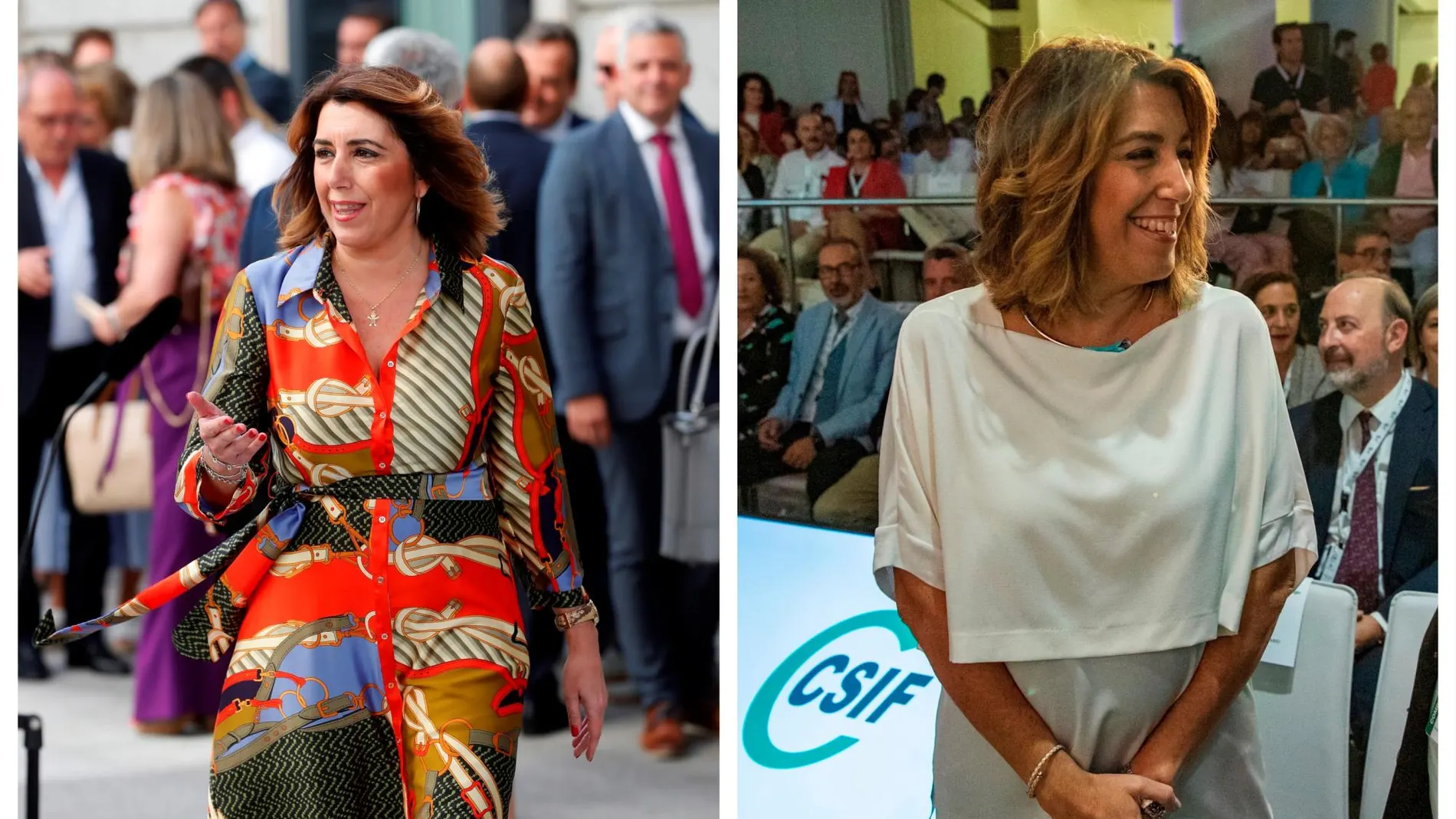 A la izquierda, una imagen de la líder de los socialistas andaluces este verano y a la derecha, el pasado martes en Sevilla, ya embarazada.