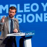 El presidente del Partido Popular, Pablo Casado, durante su intervención este domingo en Toledo. EFE/Ismael Herrero