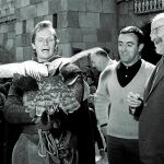 Charlton Heston, en 1960, junto a Félix Rodríguez de la Fuente y Ramón Menéndez Pidal durante el rodaje de «El Cid»