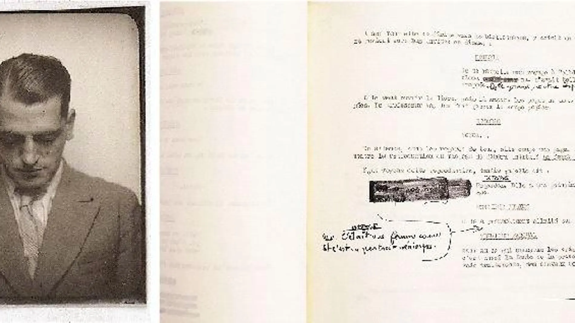 Luis Buñuel (a la izda.) falleció el 29 de julio de 1983 en Ciudad de México. Junto a estas líneas, un par de páginas del guión que nunca llegó a concluir, «Agón», y que ahora se vende en una librería de París