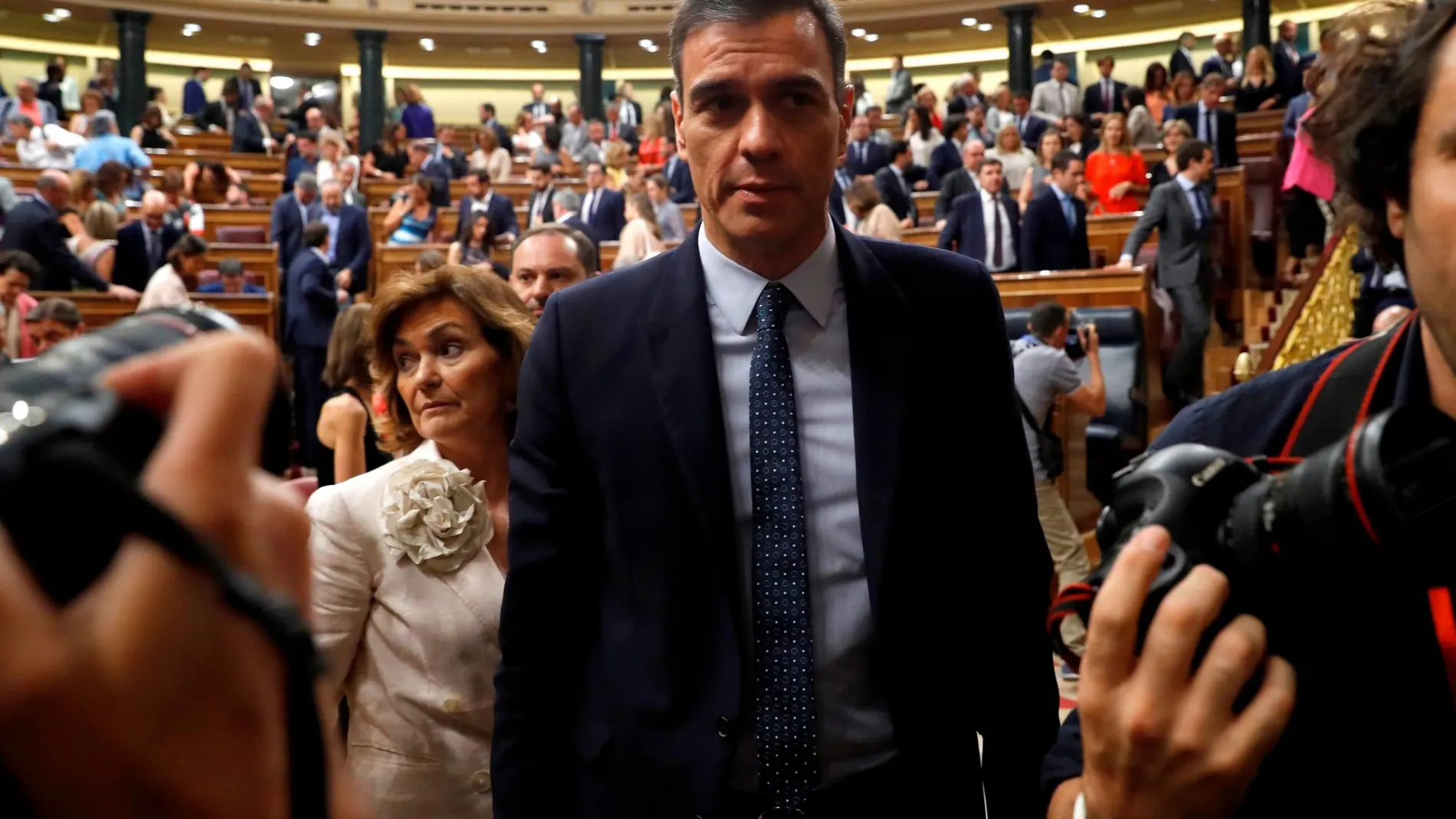 Pedro Sánchez, tras la segunda jornada del debate de investidura, que ha fracasado en la primera votación. EFE/Ballesteros