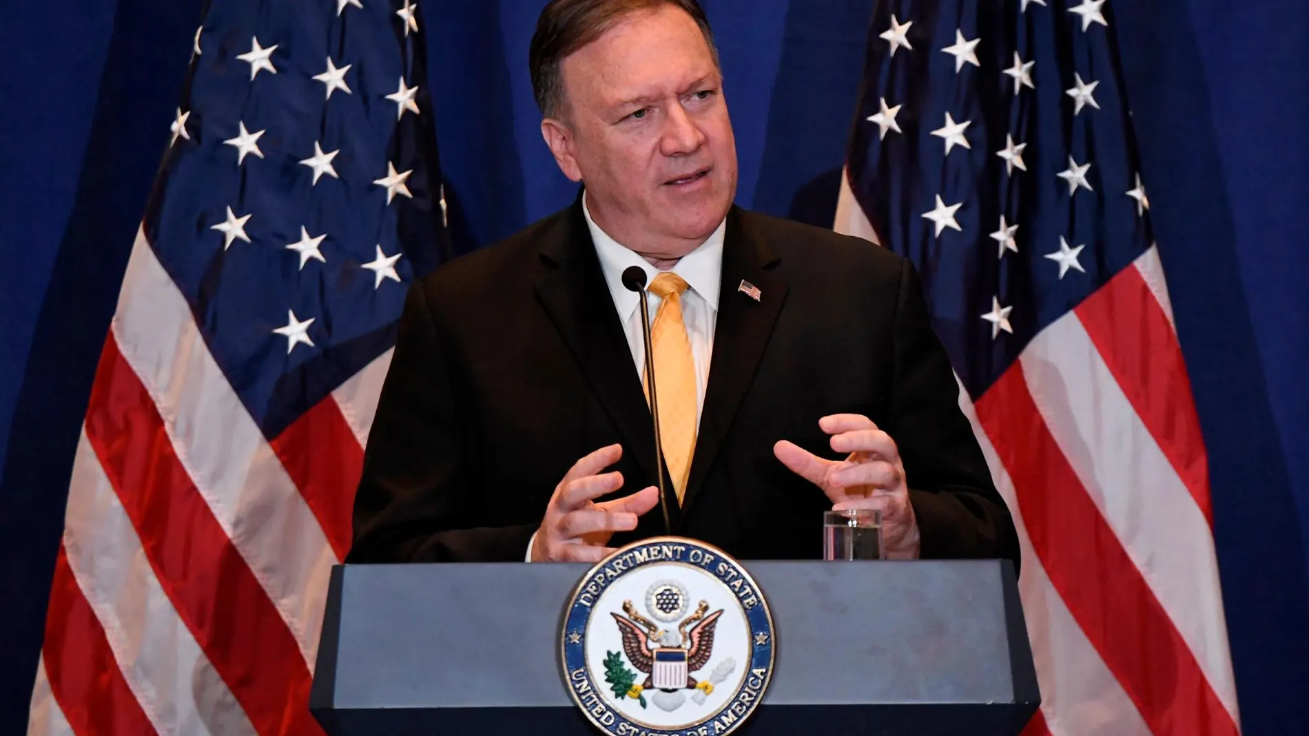 Pompeo durante la rueda de prensa en Nueva York