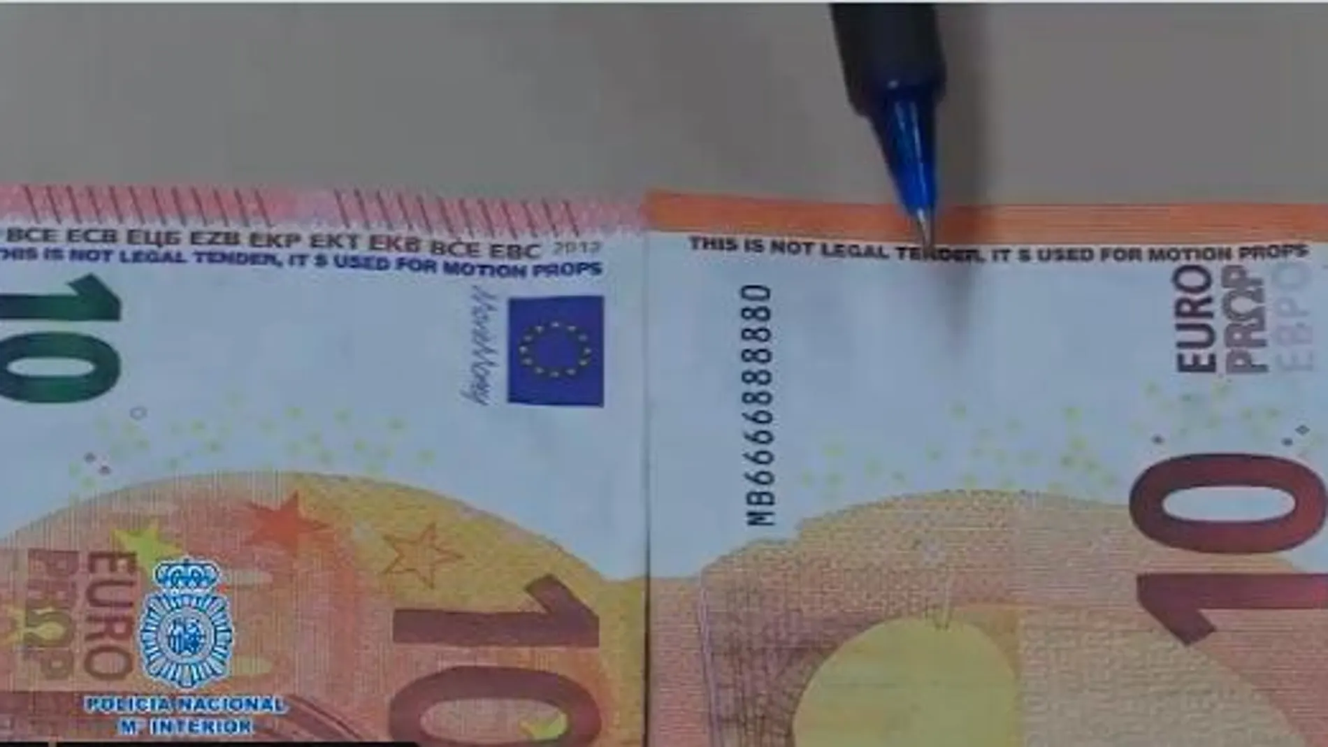 Billetes de diez euros falsos