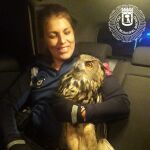 Una agente de la Policía Municipal con el búho durante el traslado al Zoo de Madrid