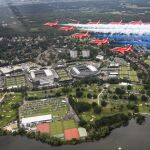 [showing the British Royal Air Force Aerobatic Team, the Red Arrows fly over Wimbledon Tennis Championship]