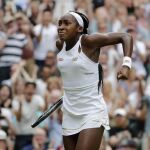 [United States' Cori "Coco"Gauff reacts after winning the second set against Slovenia's Polona]
