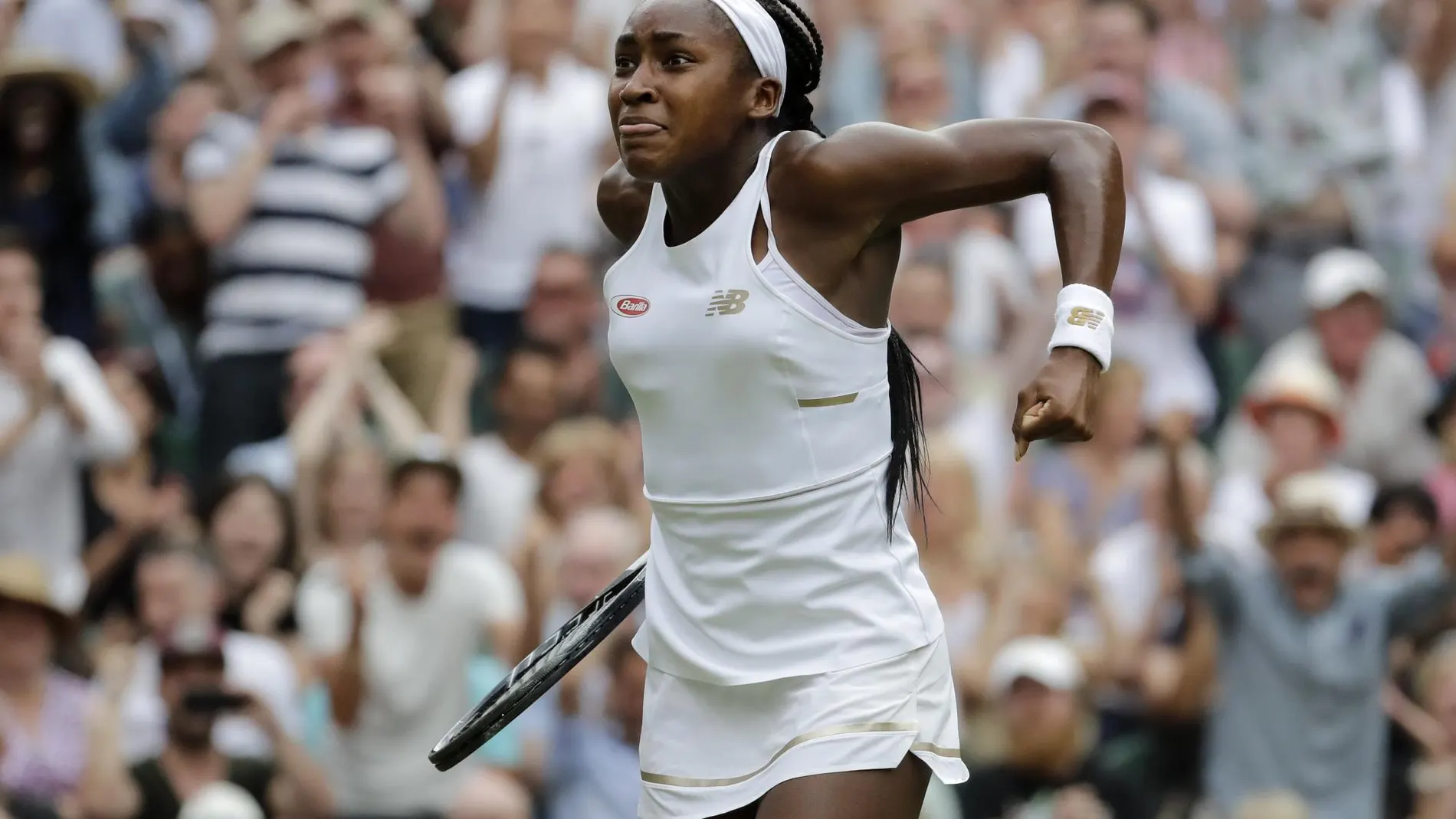 [United States' Cori "Coco"Gauff reacts after winning the second set against Slovenia's Polona]