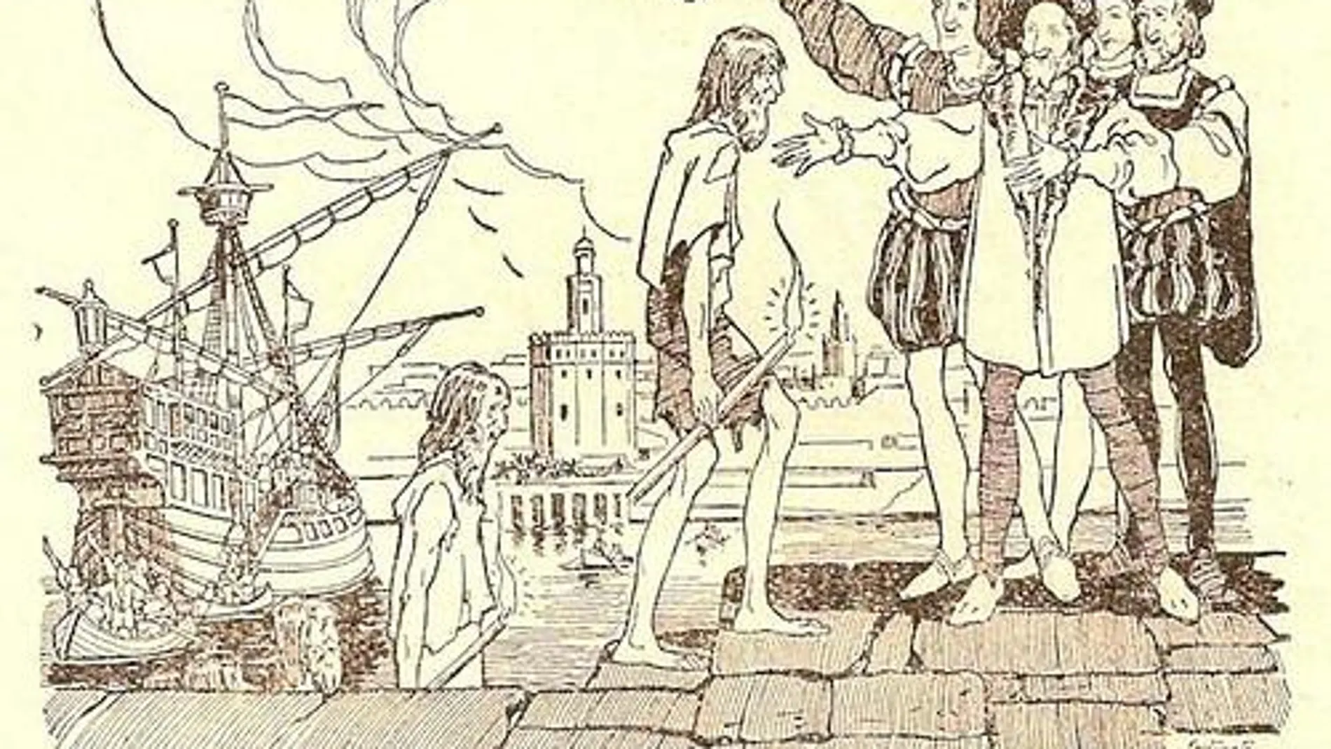 Dibujo de la llegada a Sevilla de los supervivientes de la primera circunnavegación