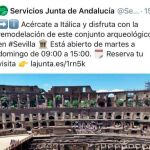 Pantallazo del tuit en el que la Junta promocionaba Itálica con una imagen del Coliseo de Roma