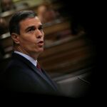 El presidente del Gobierno en funciones, Pedro Sánchez, durante su intervención en el debate de investidura en el Congreso de los Diputados