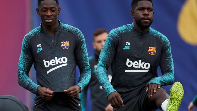 Dembele y Umtiti, en un entrenamiento del Barcelona