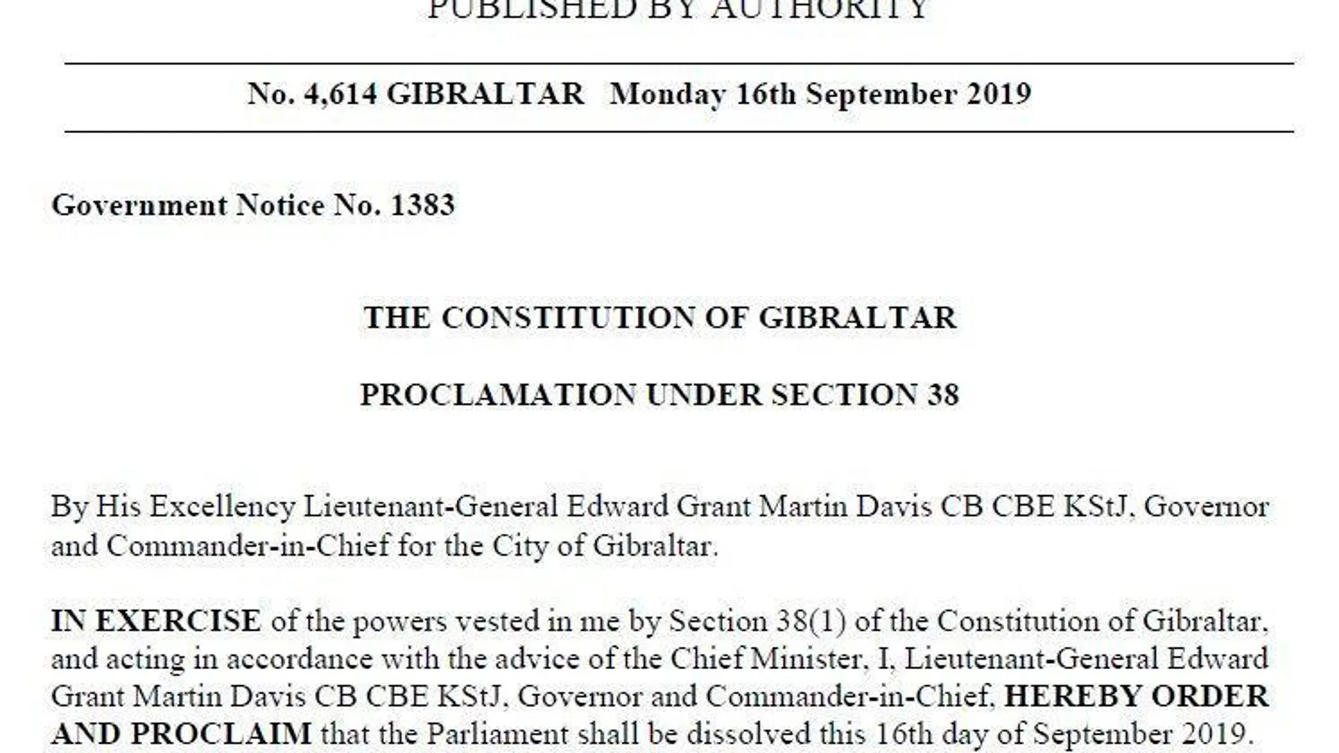Documento oficial para convocar elecciones en Gibraltar
