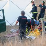Varios bomberos atienden a su compañero herido de gravedad al ser embestido por un novillo que viajaba en un camión accidentado en Monzón de Campos (Palencia). En el accidente también resultó herido el conductor del vehículo, que iba cargado con unos 25 animales