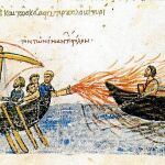 Los bizantinos emplean el fuego griego contra las naves enemigas. Iluminación del «Códice Skylitzes», del siglo XII