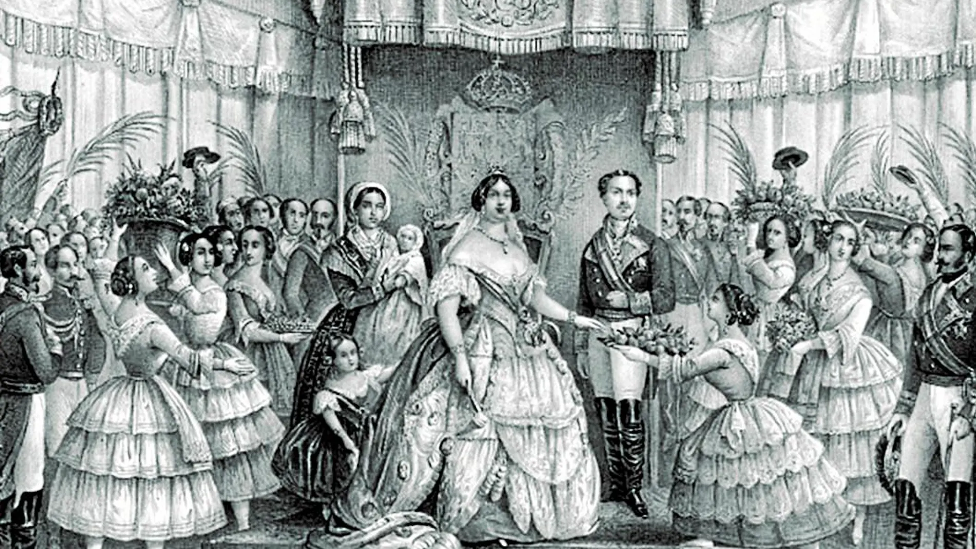Litografía que recoge la visita a Alicante de la reina Isabel II el 25 de mayo de 1858 con motivo del primer viaje en ferrocarril de la línea con Madrid