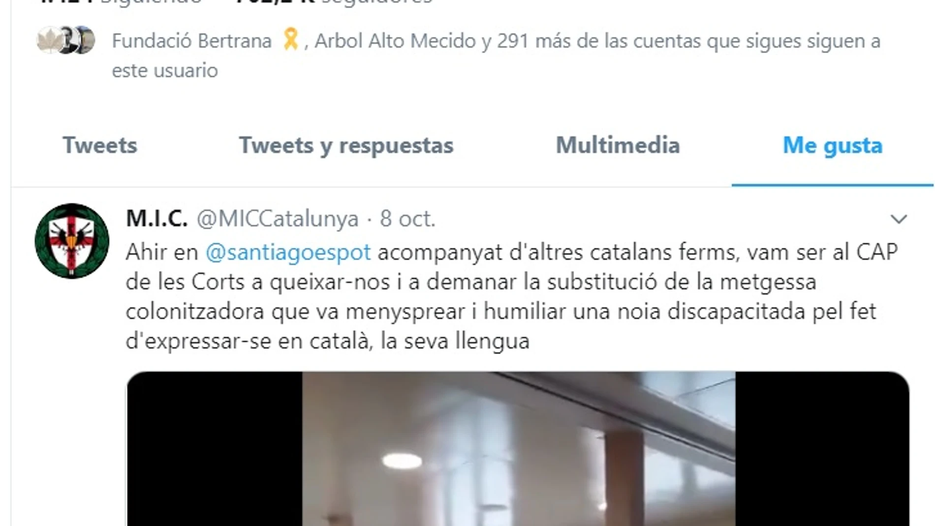 La cuenta en Twitter de Puigdemont mostrando su apoyo a los ultras de MIC