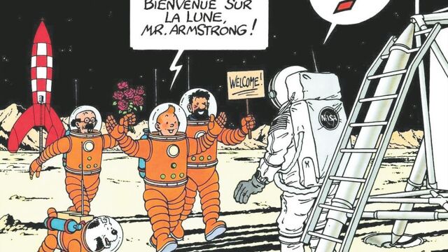 En el año 52, el dibujante Hergé llevó a su Tintín a este «Aterrizaje en la Luna» que fascinó a los amantes del cómic; en esta edición posterior ironizan con la llegada real de Armstrong