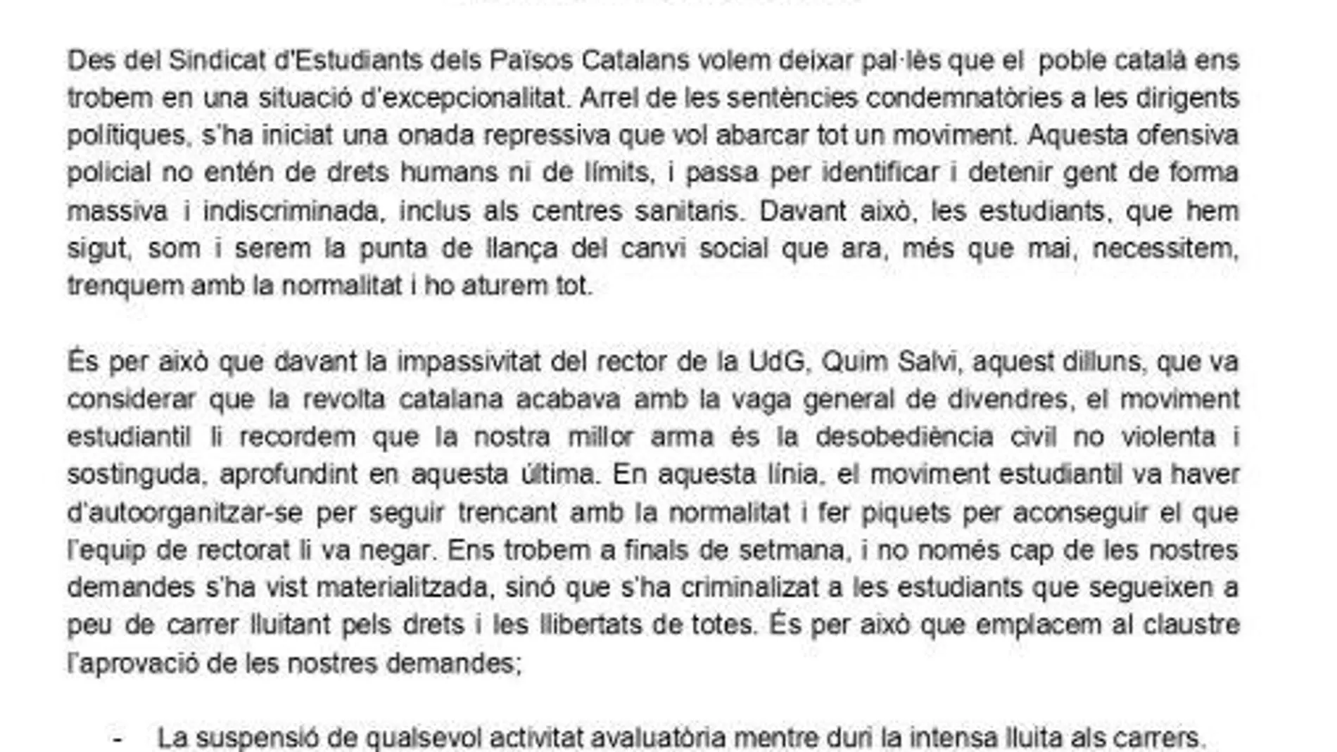 Manifiesto del Sindicato de Estudiantes de los Países Catalanes en relación a la Celebración del Claustro extraordinario en la Universidad de Gerona / @sepc_udg