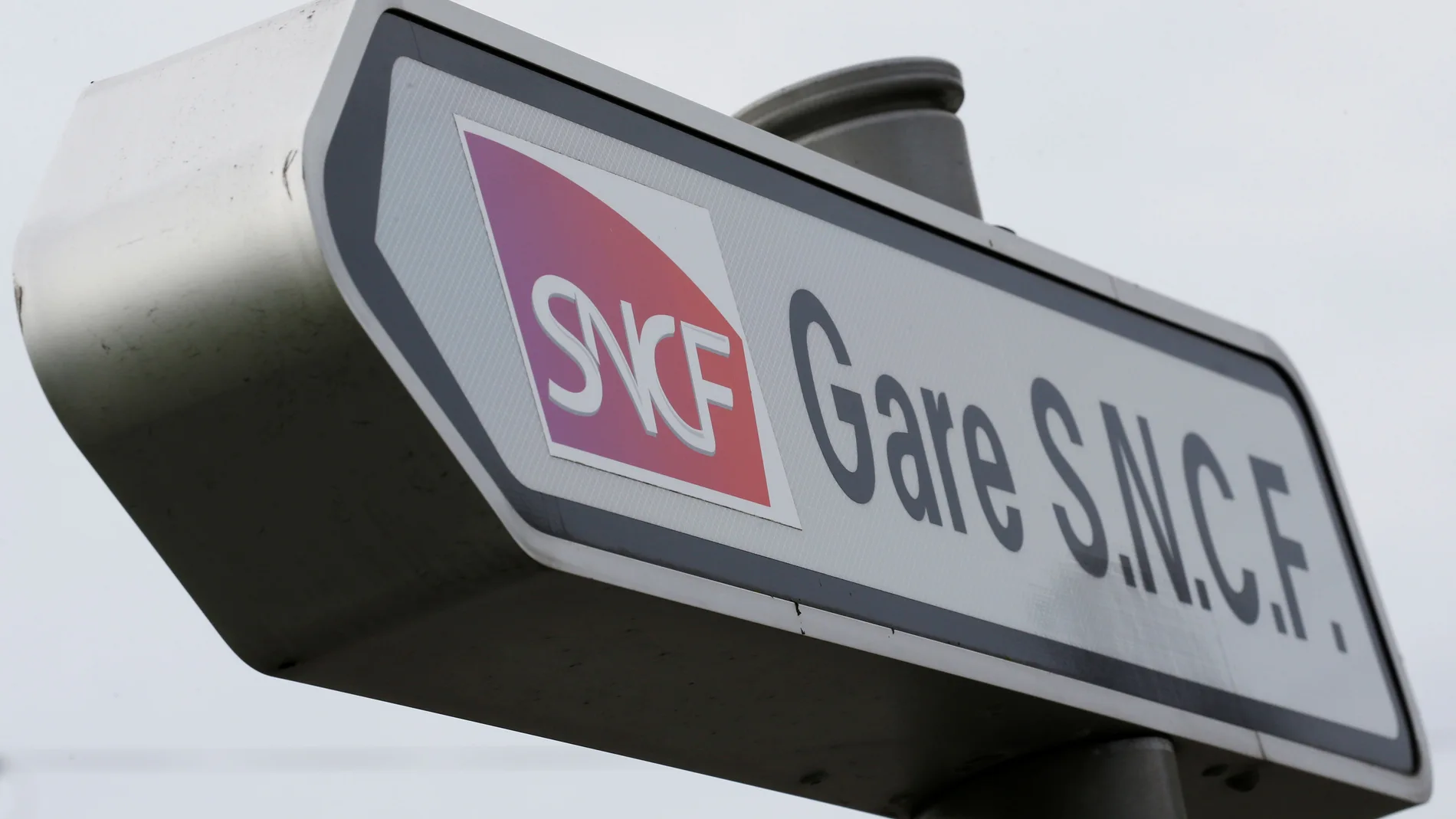 The logo of French state-owned railway company SNCF is pictured at Bordeaux railway station during a strike by French SNCF railway workers in Bordeaux
