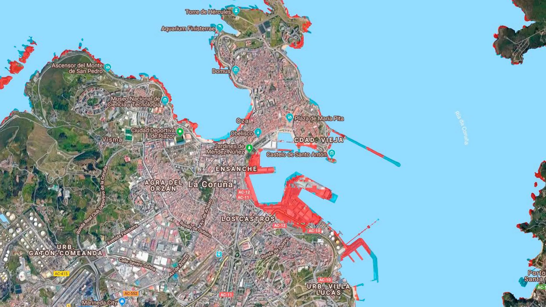 Las zonas rojas destacan las zonas costeras que desaparecerían bajo el mar en 2050