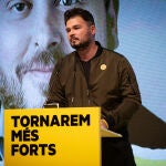 El candidato a diputado en el congreso Gabriel Rufian, durante un mitin de su partido
