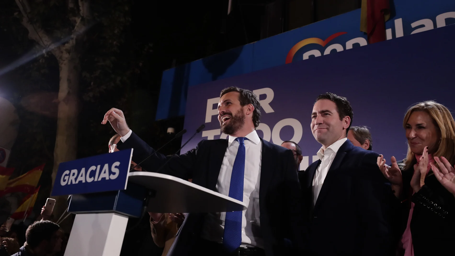 Conservative Popular Party leader Pablo Casado appears outside the party headquarters after the announcement of almost 100 per cent of the general election results in Madrid, Spain, Monday, Nov. 11, 2019. Spain's Interior Ministry says that results show Socialists winning Spain's national election, but without a clear end to the country's political deadlock. (AP Photo/Manu Fernandez)