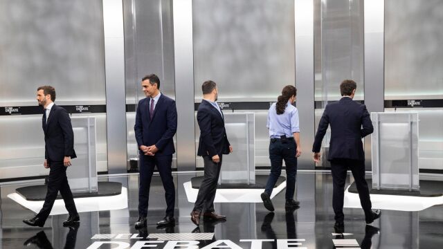Pablo Casado, Pedro Sánchez, Santiago Abascal, Pablo Iglesias y Albert Rivera, en el debate televisivo del pasado día 4